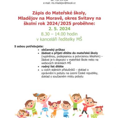 Oznámení o konání zápisu do MŠ Mladějov na Moravě na školní rok 2024/2025 1